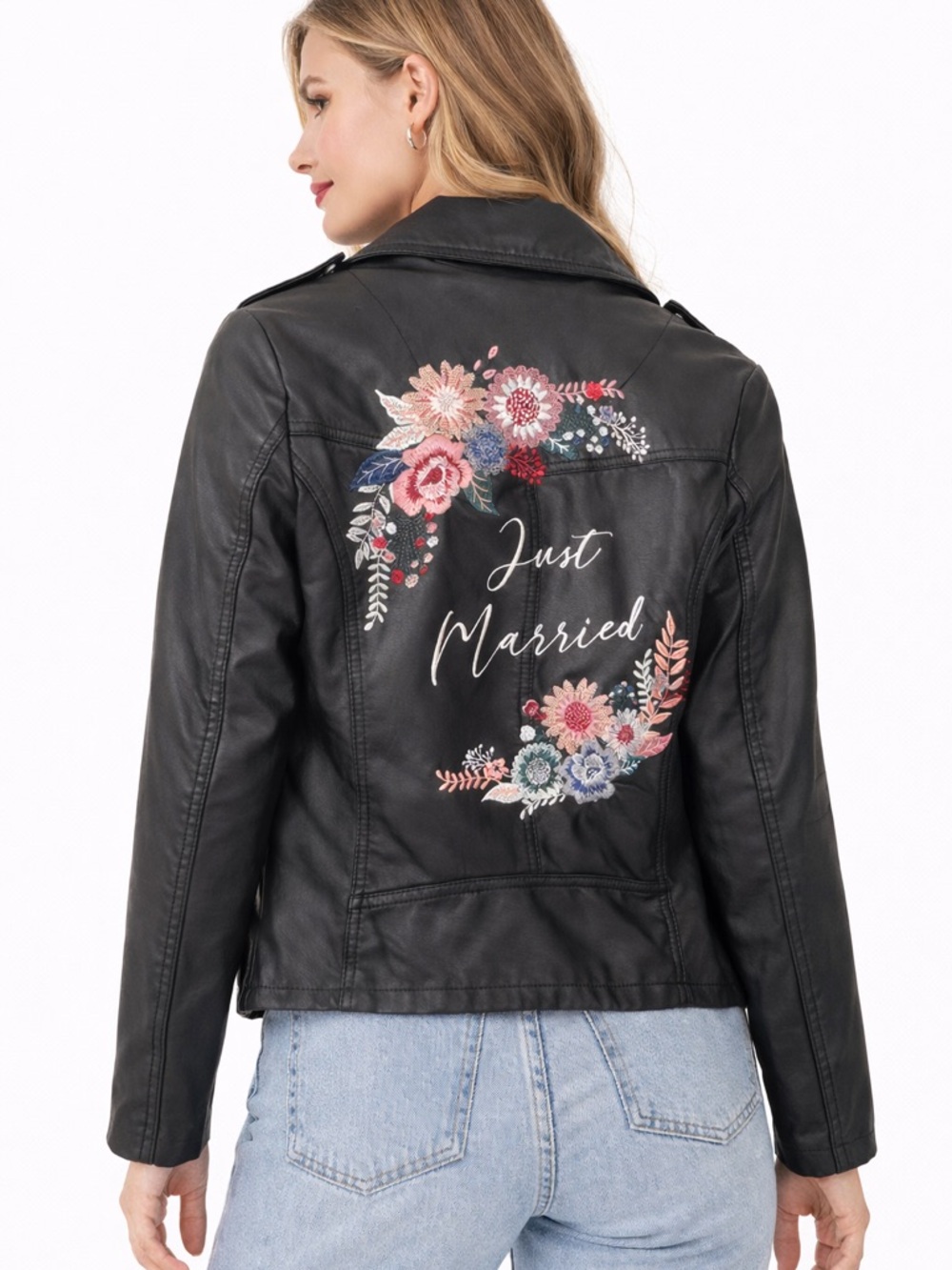 Black 'Just Married' Embroidered Faux Leather Jacket